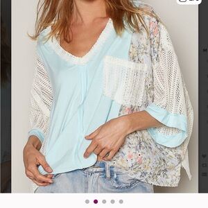 #148 Floral and Blue Patchwork Top